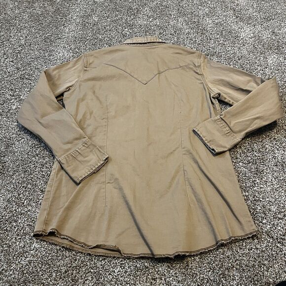 Wrangler Shirt Womens Medium Brown Western Pearl Snap Rodeo Long Sleeve Khaki - Picture 12 of 12